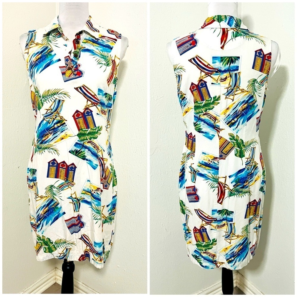 Caribbean Joe Women’s Medium Sleeveless Collar Colorful Beach Vacation Dress